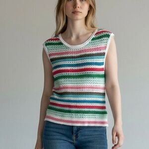 Talbots P Sleeveless Open Knit Striped Top Boardwalk Preppy Old Money Artsy Chic